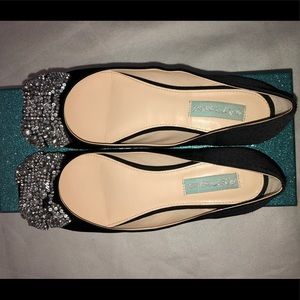 Betsey Johnson black satin bow flats.